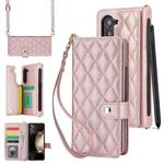 For Samsung Galaxy Z Fold5 Crossbody Multifunction Rhombic Leather Phone Case(Rose Gold)