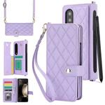 For Samsung Galaxy Z Fold4 Crossbody Multifunction Rhombic Leather Phone Case(Purple)