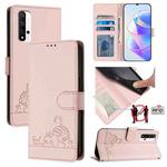 For Honor 20 4G/20 Pro 4G/20S 4G Cat Rat Embossed Pattern RFID Leather Phone Case with Lanyard(Pink)