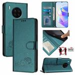 For Honor 50 Lite Cat Rat Embossed Pattern RFID Leather Phone Case with Lanyard(Peacock Green)