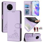 For Honor 50 Lite Cat Rat Embossed Pattern RFID Leather Phone Case with Lanyard(Purple)