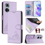 For Honor 50 Pro Cat Rat Embossed Pattern RFID Leather Phone Case with Lanyard(Purple)