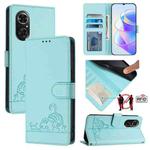 For Honor 50 SE Cat Rat Embossed Pattern RFID Leather Phone Case with Lanyard(Mint Green)