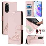 For Honor 50 SE Cat Rat Embossed Pattern RFID Leather Phone Case with Lanyard(Pink)
