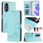 For Honor 60 Pro 5G Cat Rat Embossed Pattern RFID Leather Phone Case with Lanyard(Mint Green)