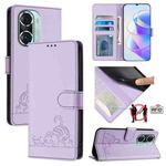 For Honor 60 Pro 5G Cat Rat Embossed Pattern RFID Leather Phone Case with Lanyard(Purple)