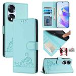 For Honor 70 Pro 5G Cat Rat Embossed Pattern RFID Leather Phone Case with Lanyard(Mint Green)