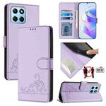 For Honor X8a 5G Global Cat Rat Embossed Pattern RFID Leather Phone Case with Lanyard(Purple)