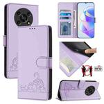 For Honor X30 5G/X9 5G/X9 4G Cat Rat Embossed Pattern RFID Leather Phone Case with Lanyard(Purple)