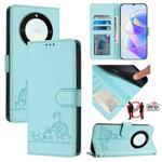 For Honor X40 5G/X9a 5G/Magic5 Lite Cat Rat Embossed Pattern RFID Leather Phone Case with Lanyard(Mint Green)