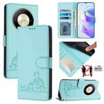 For Honor X9b 5G Global Cat Rat Embossed Pattern RFID Leather Phone Case with Lanyard(Mint Green)