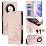 For Honor X9b 5G Global Cat Rat Embossed Pattern RFID Leather Phone Case with Lanyard(Pink)