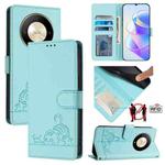 For Honor Magic6 Lite 5G Global Cat Rat Embossed Pattern RFID Leather Phone Case with Lanyard(Mint Green)