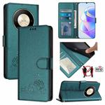 For Honor Magic6 Lite 5G Global Cat Rat Embossed Pattern RFID Leather Phone Case with Lanyard(Peacock Green)