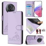 For Honor Magic5 Pro Cat Rat Embossed Pattern RFID Leather Phone Case with Lanyard(Purple)