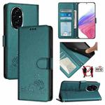 For Honor 200 Cat Rat Embossed Pattern RFID Leather Phone Case with Lanyard(Peacock Green)