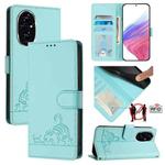 For Honor 200 Pro Cat Rat Embossed Pattern RFID Leather Phone Case with Lanyard(Mint Green)