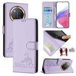 For Honor X9c 5G Global Cat Rat Embossed Pattern RFID Leather Phone Case with Lanyard(Purple)