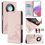 For Honor X9c Smart 5G Global Cat Rat Embossed Pattern RFID Leather Phone Case with Lanyard(Pink)