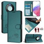 For Honor X9c Smart 5G Global Cat Rat Embossed Pattern RFID Leather Phone Case with Lanyard(Peacock Green)