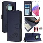 For Honor X9c Smart 5G Global Cat Rat Embossed Pattern RFID Leather Phone Case with Lanyard(Blue)