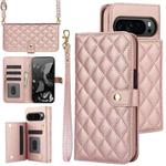 For Google Pixel 9 Crossbody Multifunction Rhombic Leather Phone Case(Rose Gold)