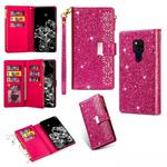 For Huawei Mate 20 Multi-card Slots Starry Sky Laser Carving Glitter Zipper Horizontal Flip Leather Case with Holder & Wallet & Lanyard(Rose Red)