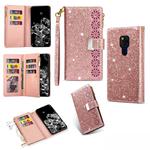 For Huawei Mate 20 Multi-card Slots Starry Sky Laser Carving Glitter Zipper Horizontal Flip Leather Case with Holder & Wallet & Lanyard(Rose Gold)