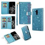 For Huawei Mate 20 lite Multi-card Slots Starry Sky Laser Carving Glitter Zipper Horizontal Flip Leather Case with Holder & Wallet & Lanyard(Sky Blue)