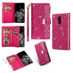 For Huawei Mate 20 lite Multi-card Slots Starry Sky Laser Carving Glitter Zipper Horizontal Flip Leather Case with Holder & Wallet & Lanyard(Rose Red)
