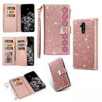 For Huawei Mate 20 lite Multi-card Slots Starry Sky Laser Carving Glitter Zipper Horizontal Flip Leather Case with Holder & Wallet & Lanyard(Rose Gold)