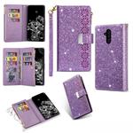 For Huawei Mate 20 lite Multi-card Slots Starry Sky Laser Carving Glitter Zipper Horizontal Flip Leather Case with Holder & Wallet & Lanyard(Purple)