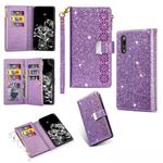 For Huawei P20 Multi-card Slots Starry Sky Laser Carving Glitter Zipper Horizontal Flip Leather Case with Holder & Wallet & Lanyard(Purple)