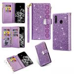 For Huawei P30 lite Multi-card Slots Starry Sky Laser Carving Glitter Zipper Horizontal Flip Leather Case with Holder & Wallet & Lanyard(Purple)
