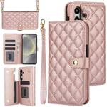 For Samsung Galaxy S24+ 5G Crossbody Multifunction Rhombic Leather Phone Case(Rose Gold)