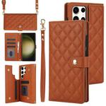 For Samsung Galaxy S22 Ultra 5G Crossbody Multifunction Rhombic Leather Phone Case(Brown)