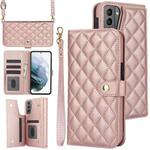 For Samsung Galaxy S22 5G Crossbody Multifunction Rhombic Leather Phone Case(Rose Gold)