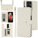 For Samsung Galaxy S21 Ultra 5G Crossbody Multifunction Rhombic Leather Phone Case(White)