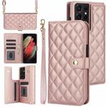 For Samsung Galaxy S21 Ultra 5G Crossbody Multifunction Rhombic Leather Phone Case(Rose Gold)