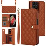 For Samsung Galaxy S21 Ultra 5G Crossbody Multifunction Rhombic Leather Phone Case(Brown)