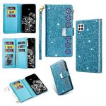 For Huawei P40 lite Multi-card Slots Starry Sky Laser Carving Glitter Zipper Horizontal Flip Leather Case with Holder & Wallet & Lanyard(Sky Blue)