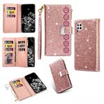 For Huawei P40 lite Multi-card Slots Starry Sky Laser Carving Glitter Zipper Horizontal Flip Leather Case with Holder & Wallet & Lanyard(Rose Gold)