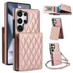 For Samsung Galaxy S25 Ultra 5G YM015 Crossbody Rhombic Card Bag RFID Phone Case(Rose Gold)