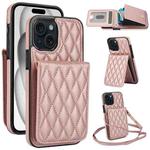 For iPhone 15 Plus YM015 Crossbody Rhombic Card Bag RFID Phone Case(Rose Gold)