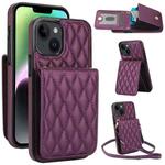 For iPhone 14 Plus YM015 Crossbody Rhombic Card Bag RFID Phone Case(Dark Purple)