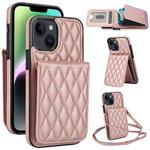 For iPhone 14 YM015 Crossbody Rhombic Card Bag RFID Phone Case(Rose Gold)