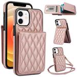 For iPhone 12 / 12 Pro YM015 Crossbody Rhombic Card Bag RFID Phone Case(Rose Gold)