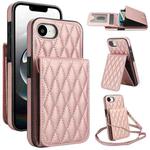 For iPhone 16e YM015 Crossbody Rhombic Card Bag RFID Phone Case(Rose Gold)