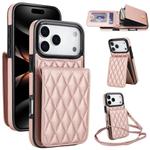 For iPhone 17 Pro Max YM015 Crossbody Rhombic Card Bag RFID Phone Case(Rose Gold)
