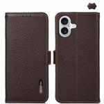 For iPhone 16 Plus KHAZNEH Side-Magnetic Litchi Genuine Leather RFID Case(Brown)